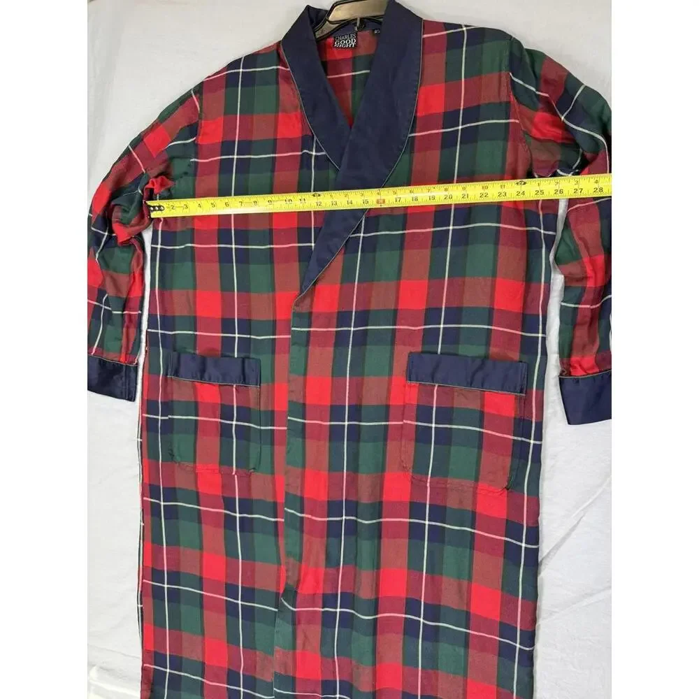 Vintage Charles Good Night Robe Mens XL Red Green Silk Plaid Tartan Lounge 90s‎